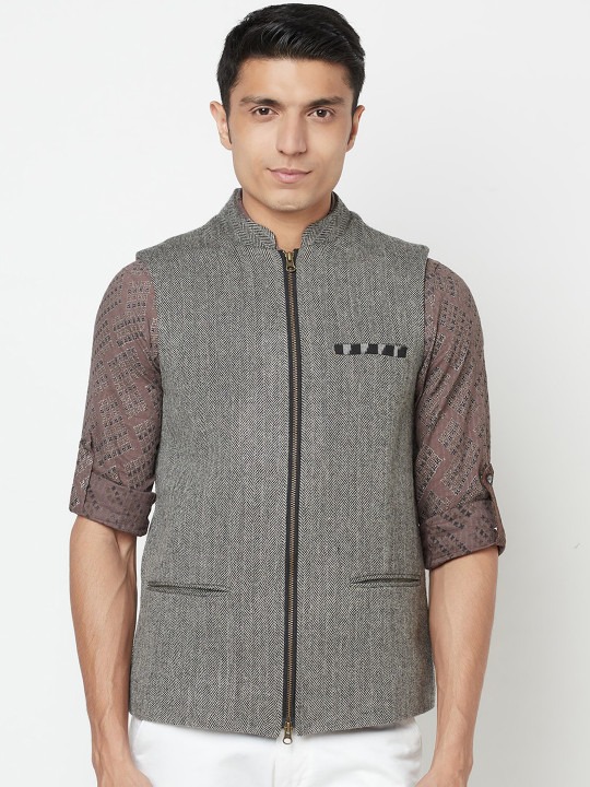Men Grey Woven Design Pure Wool Nehru Jacket