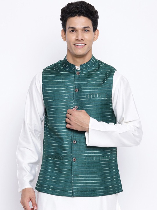 Men Green Striped Nehru Jackets
