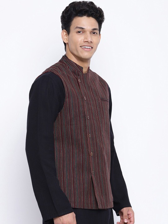 Men Black Woven-Design Nehru Jacket