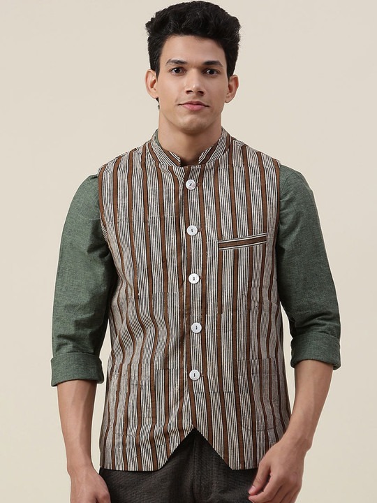 Men Brown Striped Cotton Nehru Jackets
