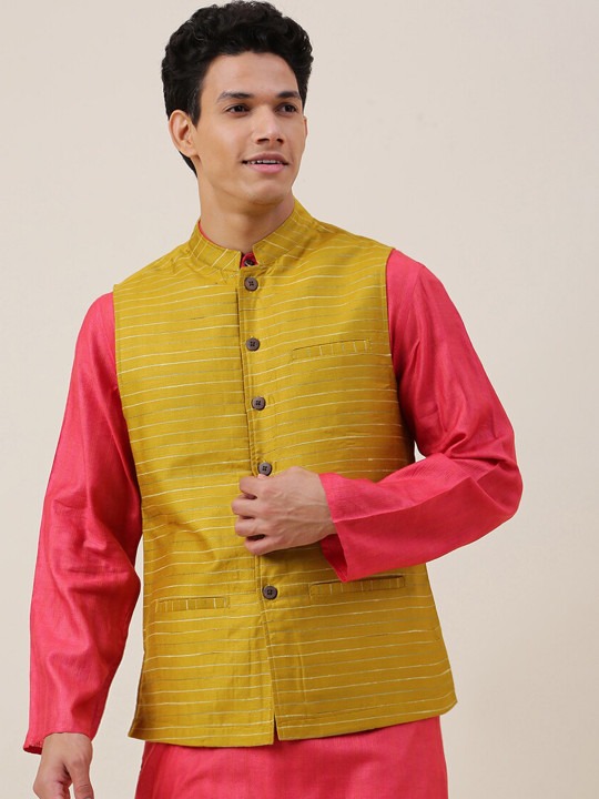 Men Yellow Striped Nehru Jackets