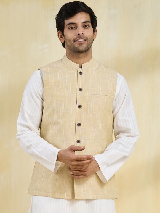Men Woven Designed Pure Cotton Nehru Jacket
