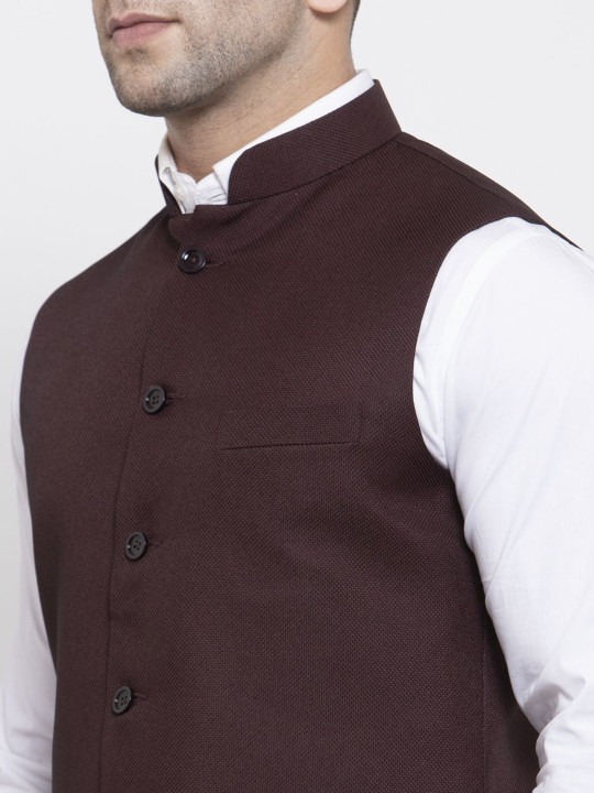 Men Brown Solid Satin Nehru Jacket
