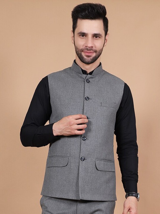 Mandarin Collar Woven Nehru Jacket