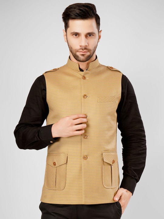 Checked Pure Cotton Nehru Jacket