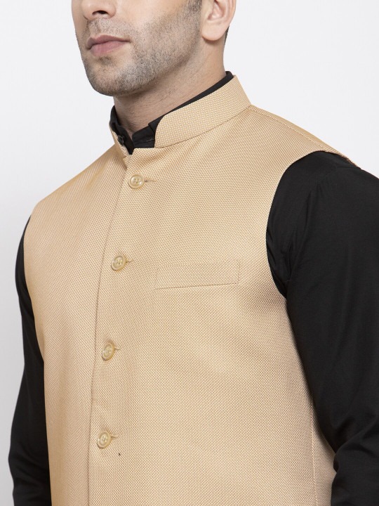 Men Beige & White Woven Design Nehru Jacket