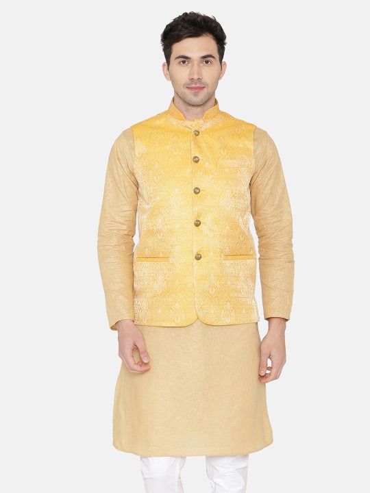 Men Yellow Woven Designed Nehru Jacket