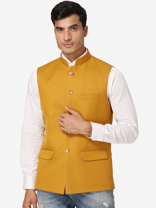 Men Mustard Yellow Solid Nehru Jacket