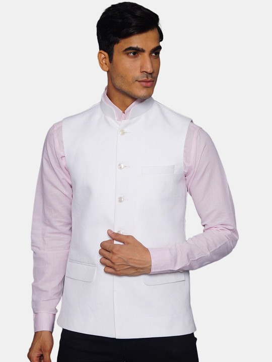 Men White Solid Woven Nehru Jacket