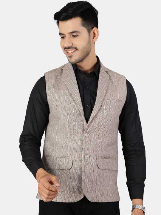 Men Beige Printed Nehru Jackets