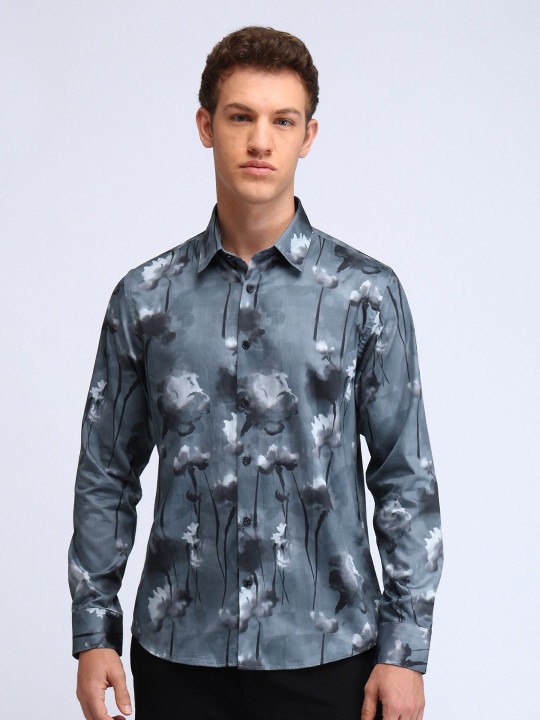 Men Manhattan Spread Collar Floral Printed Cotton Slim Fit Formal Shirt