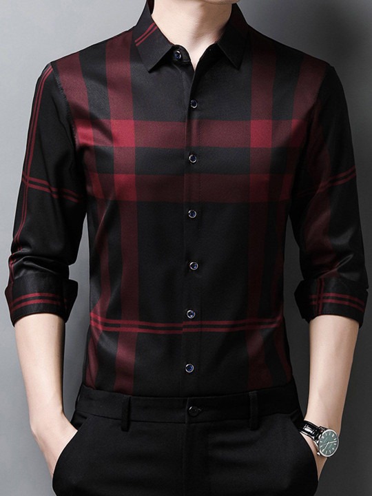 Men Spread Collar Buffalo Checked Cotton Formal Shirt