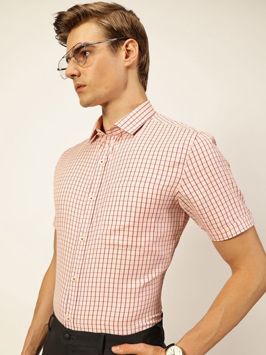 Men Smart Cutaway Collar Gingham Checked Cotton Formal Shirt