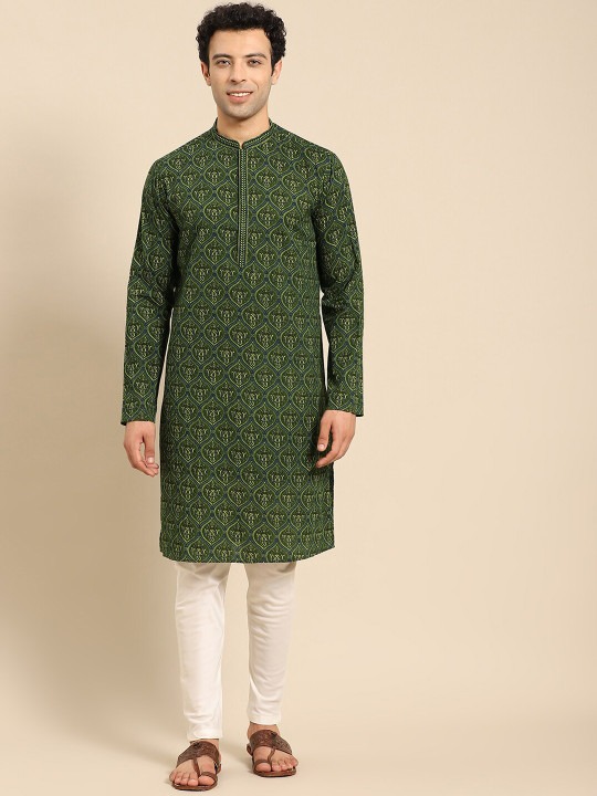 Men Green Geometric Thread Work Kurta