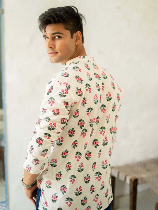 Floral Printed Mandarin Collar Cotton Short Kurta