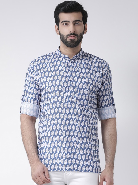 Men Blue & Off-White Printed Straight Kurta