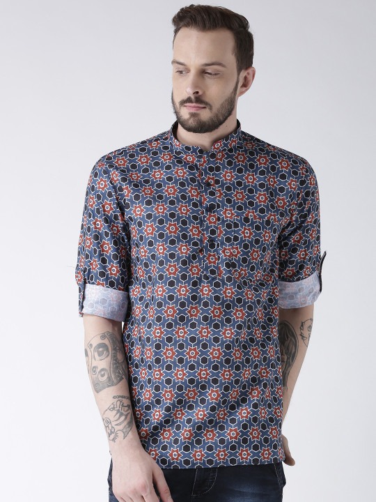 Men Blue & Red Printed Straight Kurta