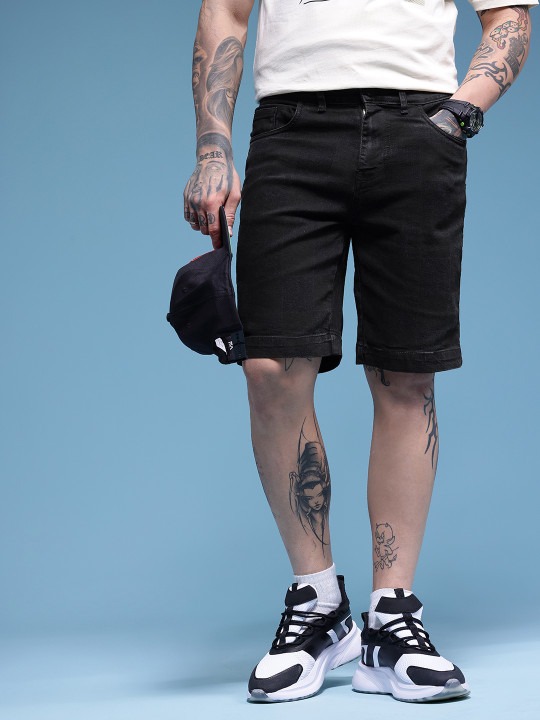 Men Checked Straight Fit Denim Shorts