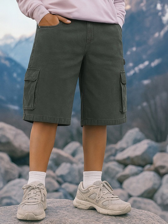 Men Dark Olive Green Washed Baggy Fit Cargo Carpenter Shorts