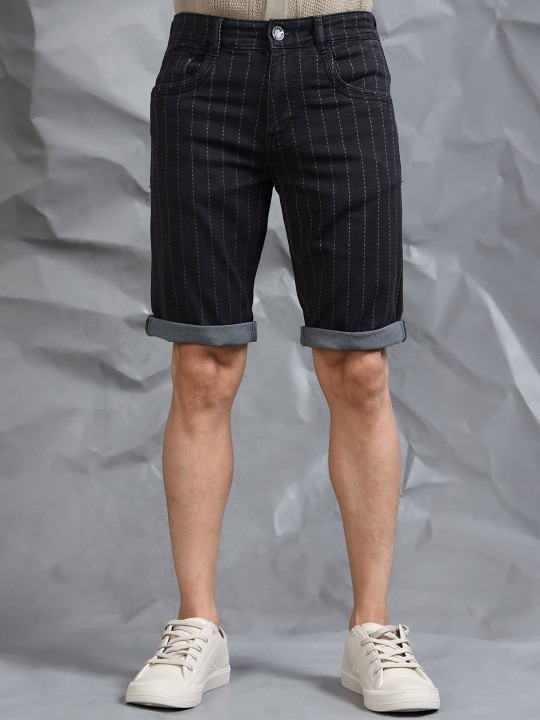 Men Striped Mid-Rise Cotton Denim Shorts