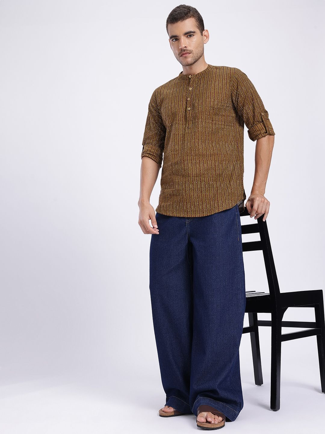 Men Khaki Solid Kurta