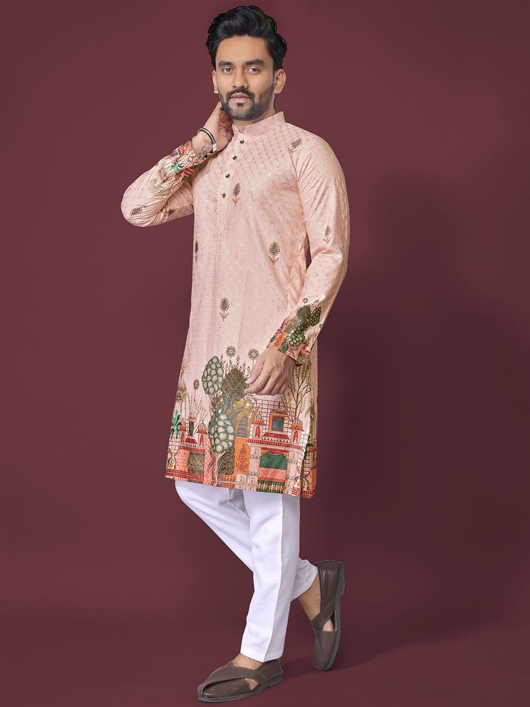 Floral Yoke Design Mandarin Collar Sequinned Jashn Kurta