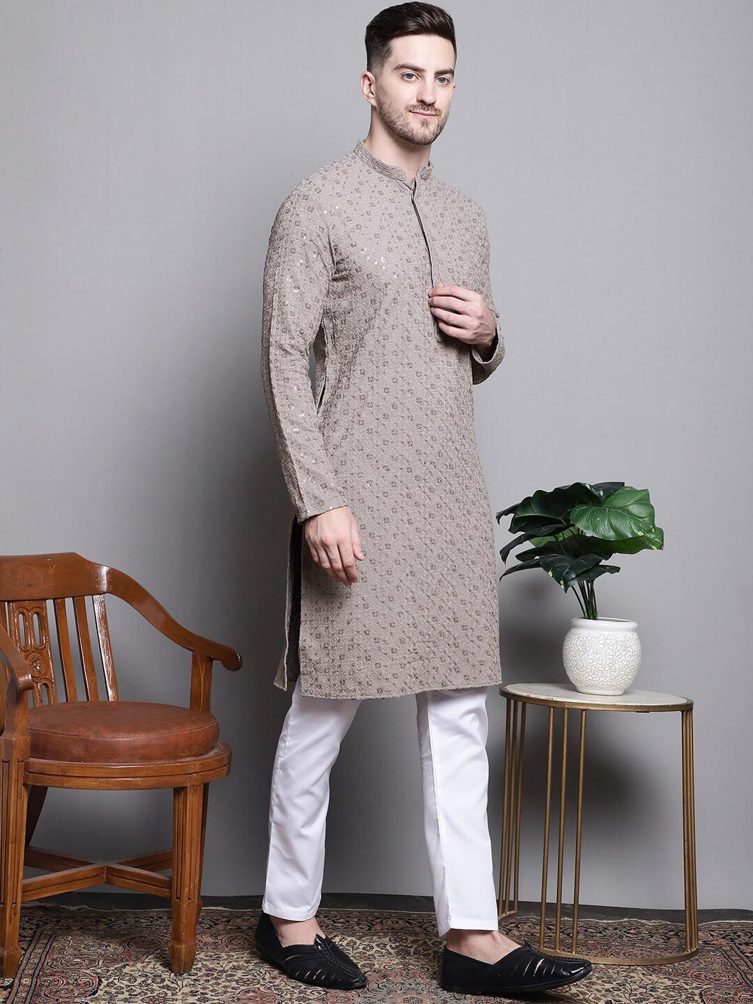 Men Peach-Coloured Thread Work Kurta