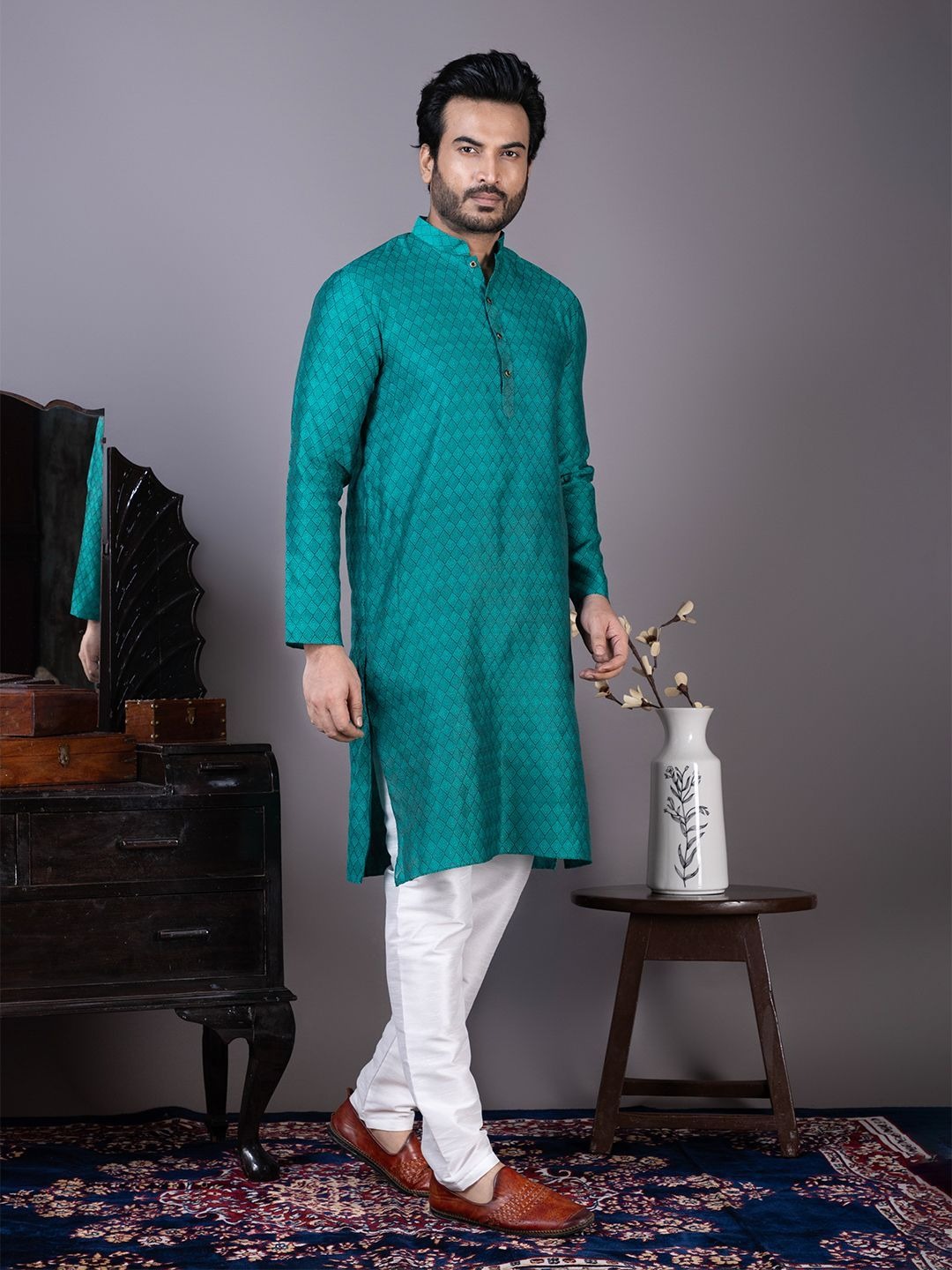 Men Geometric Woven Design Festive Cotton Straight Kurta