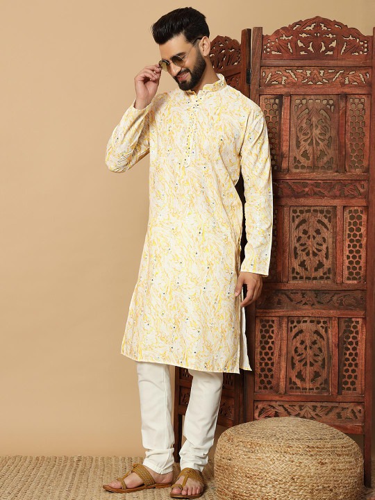 Men Yellow Cotton Kurtas