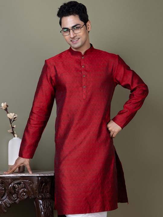 Geometric Woven Design Mandarin Collar Sequinned Straight Kurta