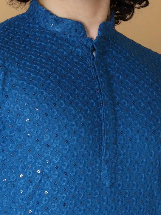Men Geometric Printed Cotton Indigo Short Kurta