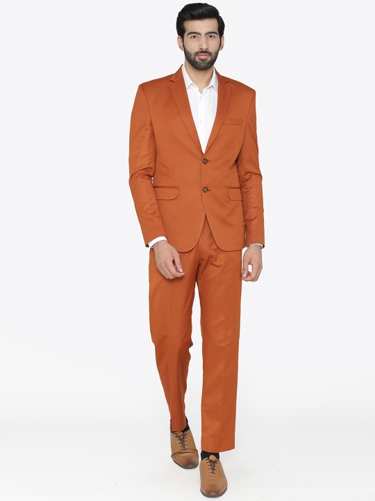 Men Orange Solid Single-Breasted Regular Fit Party Suit