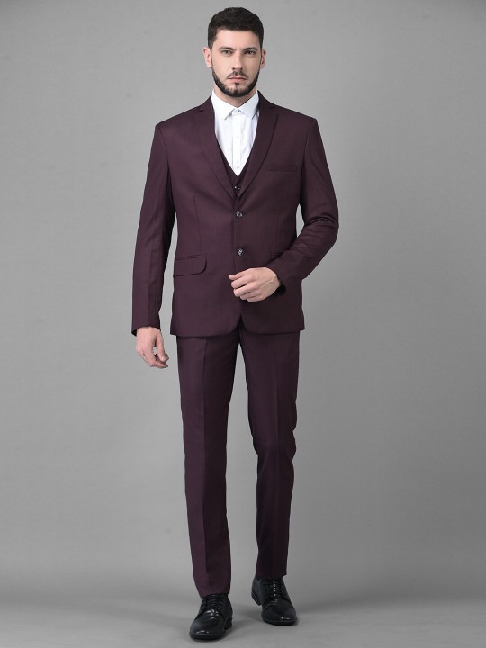 Men Purple Solid Single-Breasted Slim-Fit 3-Piece Formal Suit