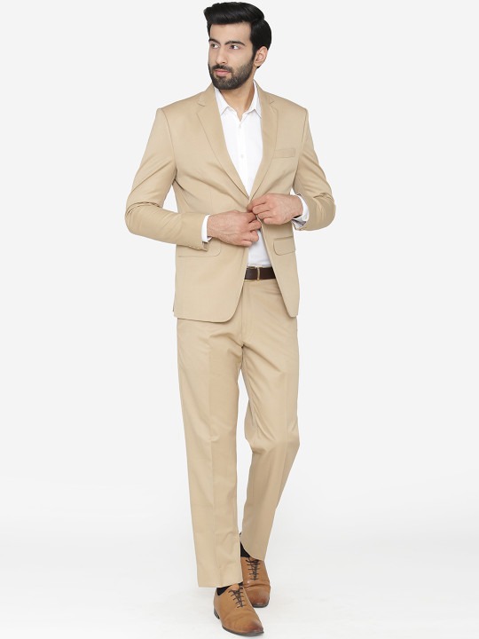Men Beige Solid Single-Breasted Regular Fit Suit