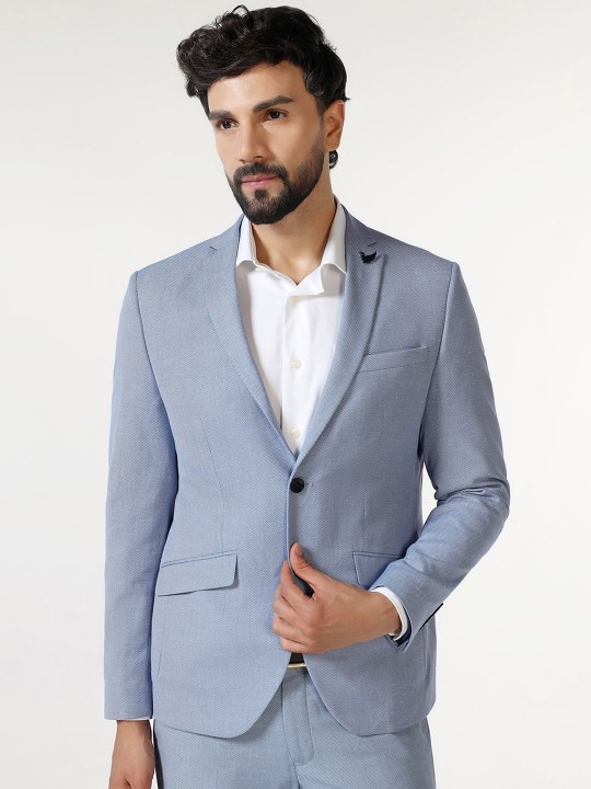 Men Textured Tailored-Fit Single-Breasted Two-Piece Blazer and Trousers Suit