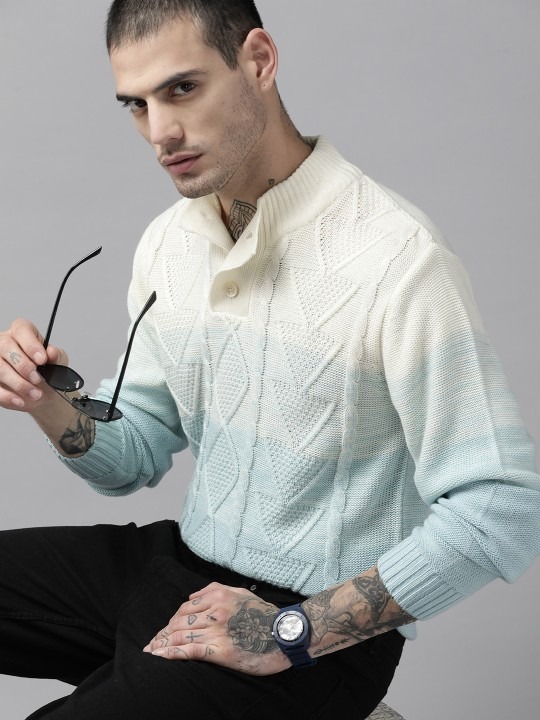 Men Cable Knit Colourblocked Pullover