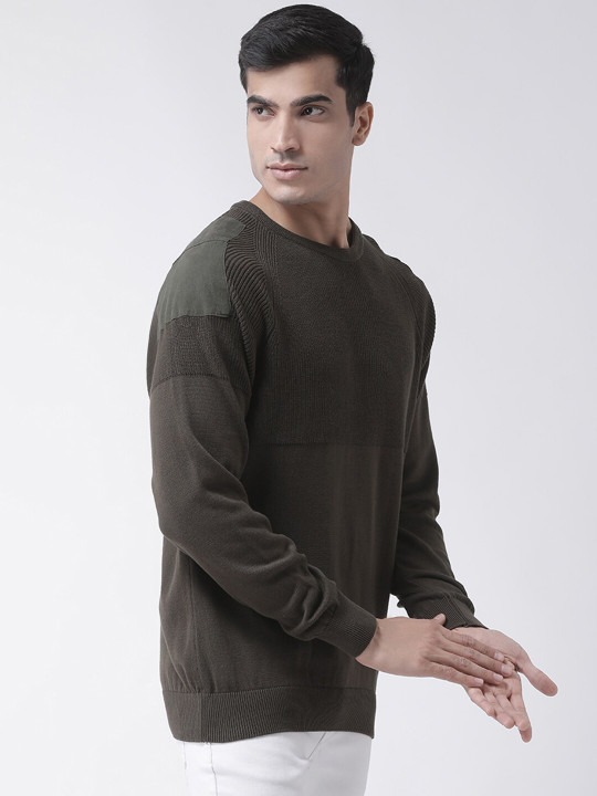 Men Olive Green Self Design Pullover Sweater