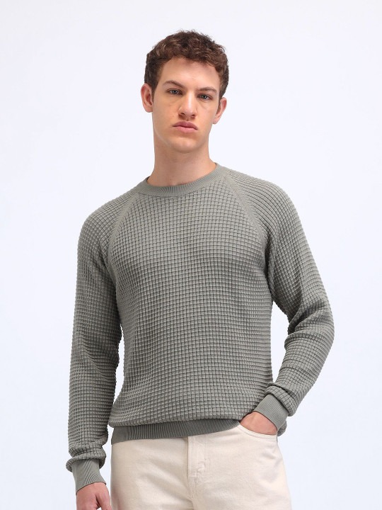 Men Cotton Self Design Cable Knit Pullover