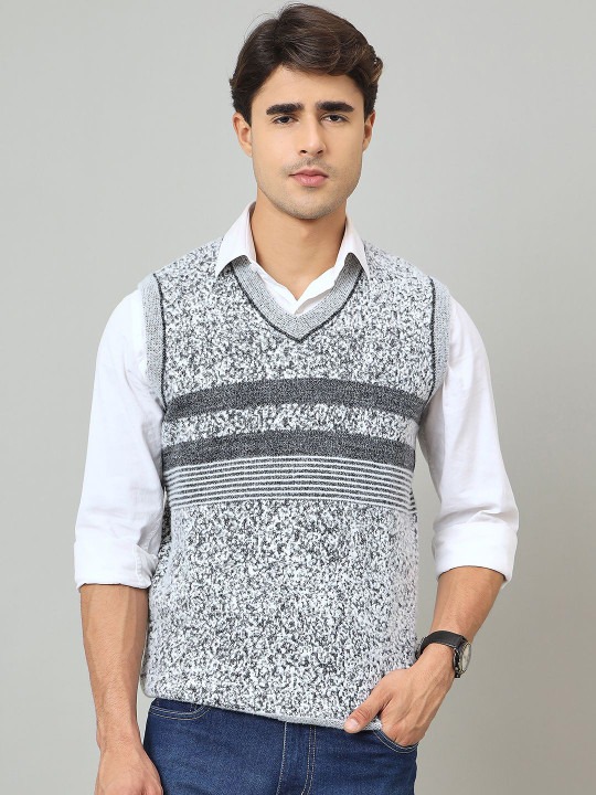 Men Self Design Sleeveless Sweater Vest