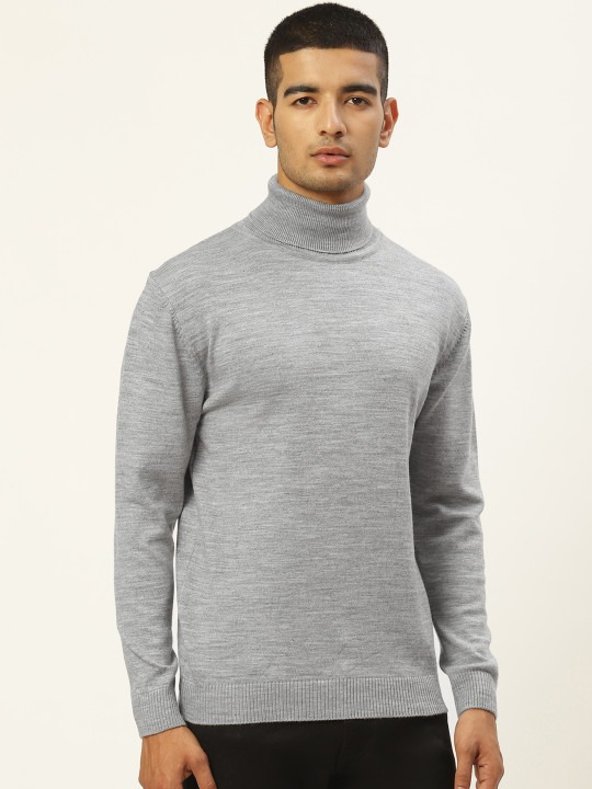 Men Grey Melange Turtle Neck Solid Pullover
