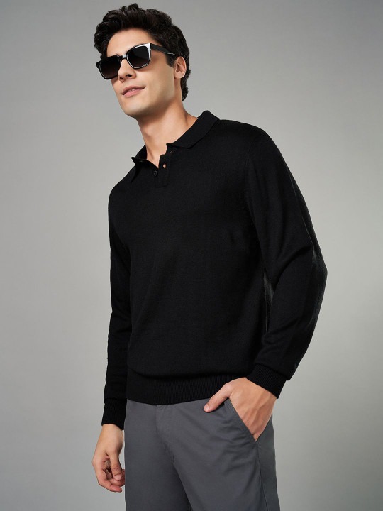 Men Lapel Collar Long Sleeves Pullover