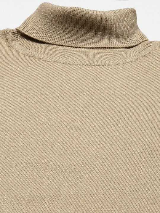 Men Beige Turtle Neck Solid Pullover