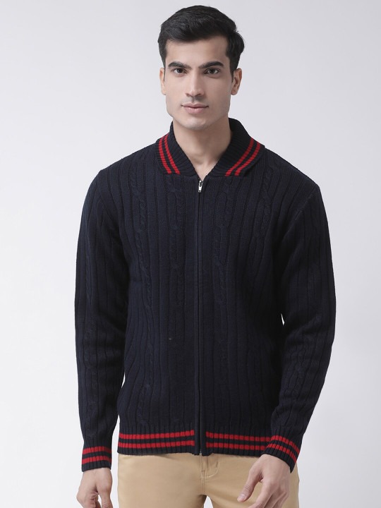 Men Navy Blue & Red Cardigan