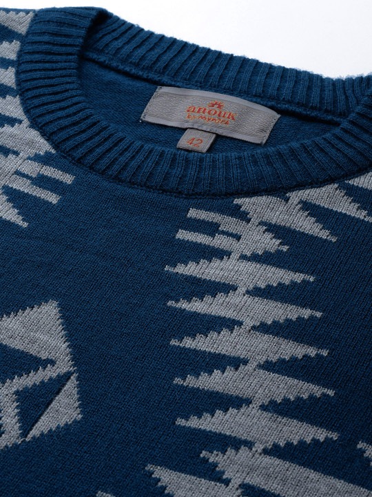 Men Teal Blue & Grey Acrylic Geometric Pattern Sweater