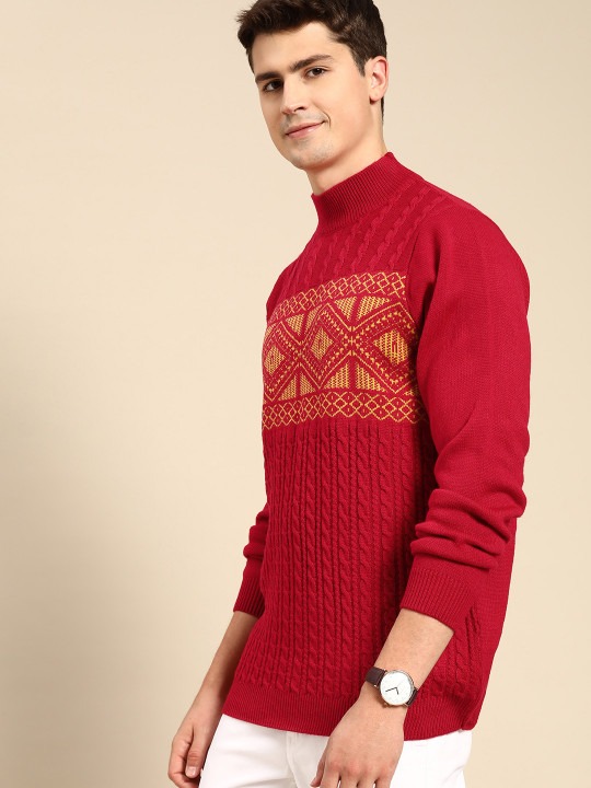 Men Red & Yellow Cable Knit Turtle Neck Pullover