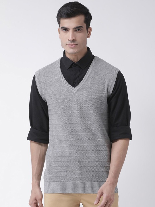 Men Maroon & Grey Acrylic Geometric Pattern Sweater