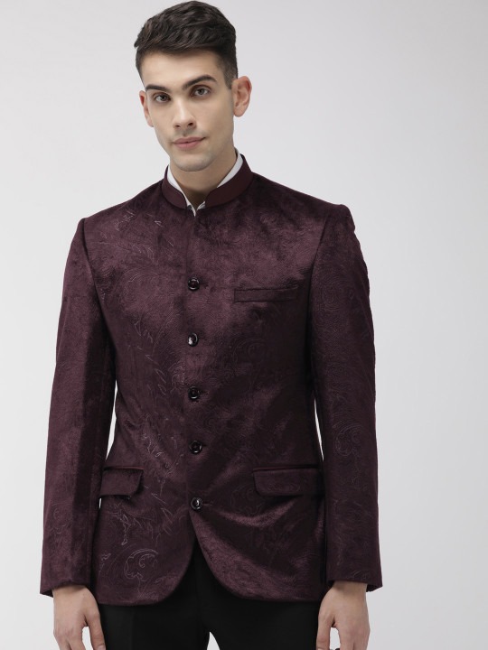 Men Velvet Self Design Slim Fit Bandhgala Blazer