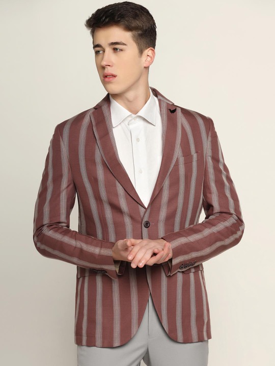 Men Striped Slim-Fit Single-Breasted Blazer