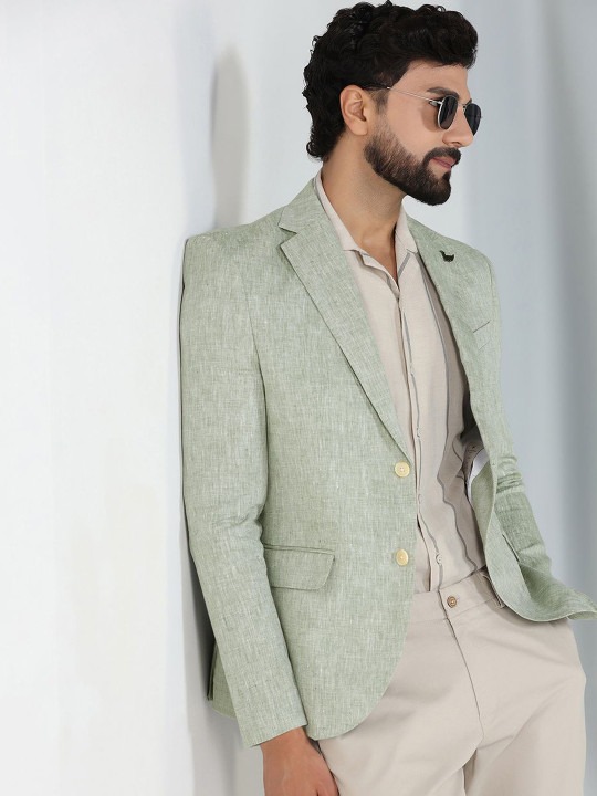 Woven-Design Slim-Fit Notched Lapel Pure Linen Single-Breasted Blazer
