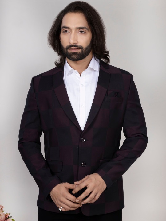 Men Wine Premium Check Blazer